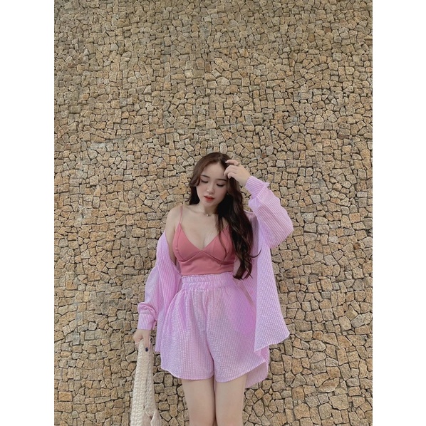 Set bộ áo sơmi phối quần đùi kèm áo bra cho mùa hè cực hot