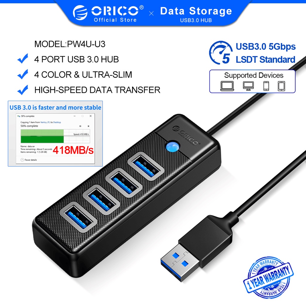 Bộ Chia 4 Cổng USB 3.0 ORICO Cho MacBook Mac Pro Mac mini iMac Surface Pro XPS PC (PW4U)