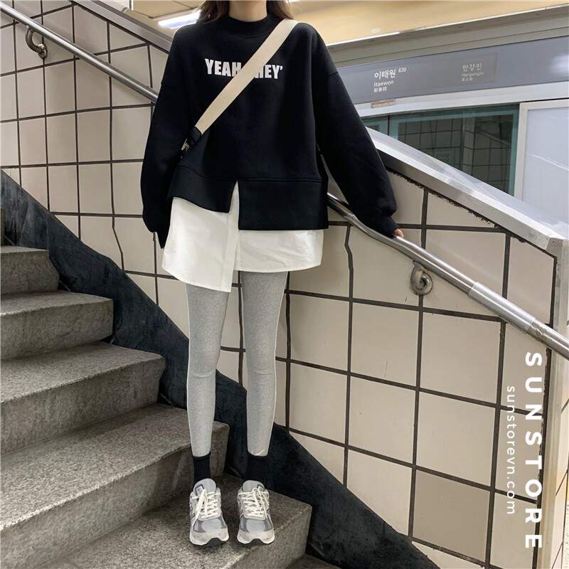Áo sweater tay dài phối vạt trắng 2 màu đen và xám thời trang thu đông Ulzzang