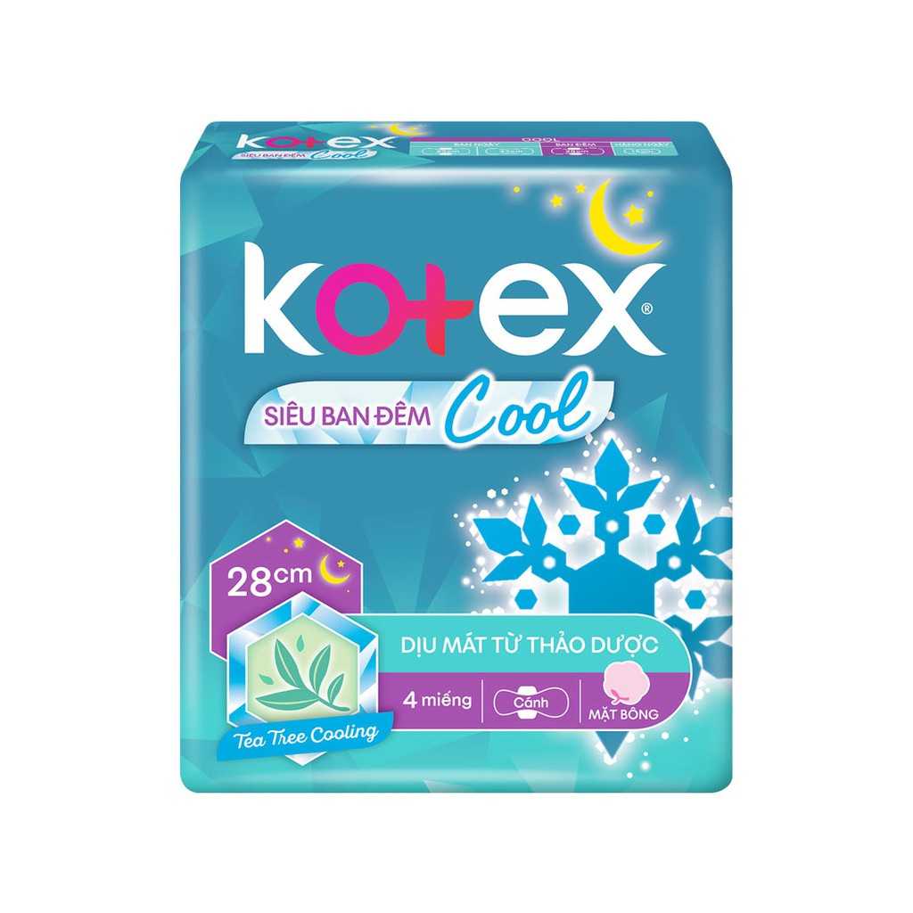 Băng vệ sinh Kotex siêu ban đêm thảo dược Cool 28cm - Gói 4 mếng hàng tặng