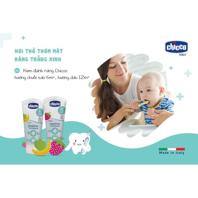 [hàng có sẵn] KEM ĐÁNH RĂNG HƯƠNG CHUỐI TÁO CHICCO 6M+ VÀ HƯƠNG DÂU 12M+, BỘ CHĂM SÓC RĂNG MIỆNG CHICCO