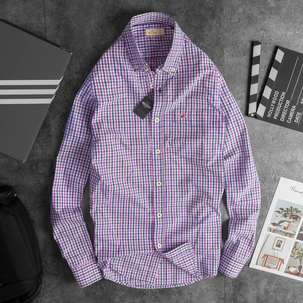 Áo sơ mi nam caro Hollister cao cấp tay dài xanh biển đậm kẻ tím nhí - Vải cực tốt - Hàng chuẩn xuất dư