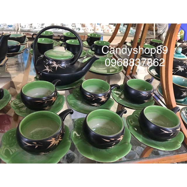 Bộ ấm chén men dạn thuỷ tinh khắc trúc