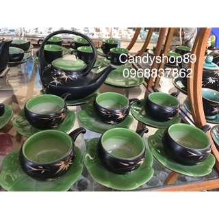 Bộ ấm chén men dạn thuỷ tinh khắc trúc