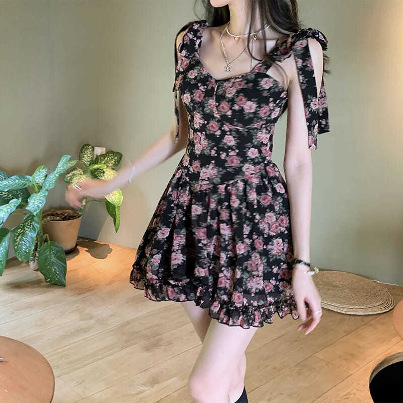 Đầm Hai Dây Họa Tiết Hoa Phối Nơ Phong Cách Hàn Quốc Quyến Rũ Cho Nữ