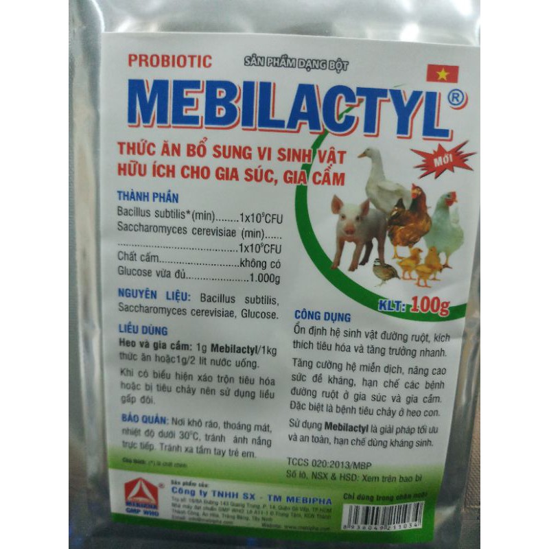Mebilactyl gói 100 gram thức ăn bổ sung vi si nh v ật hữu ích cho gia súc, gia cầm hsd 04/02/2023