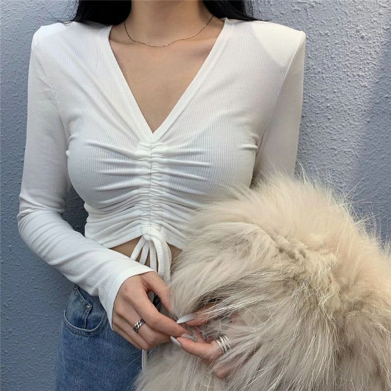 Áo Croptop cổ V nhún ngực rút dây Hot Trend Áo kiểu nữ ôm chất thun Cao Cấp gân mềm mát