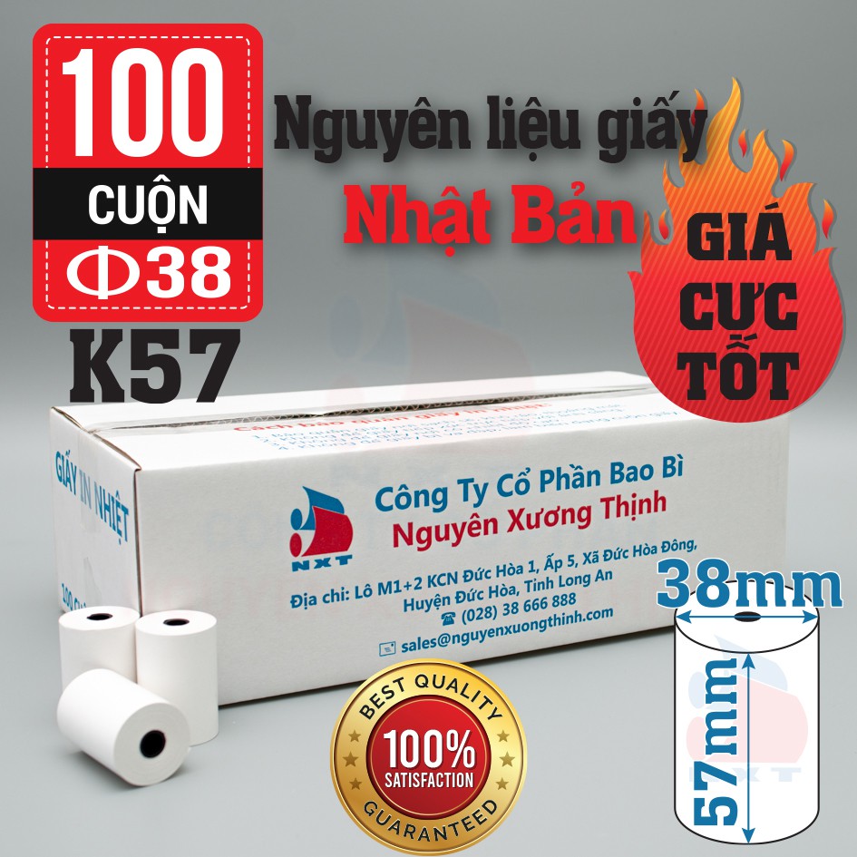 Giấy in nhiệt K57 (57mm x 38mm),100 cuộn,đường kính 38mm,K57x38mm,K57x38,giấy in hóa đơn,giấy in bil