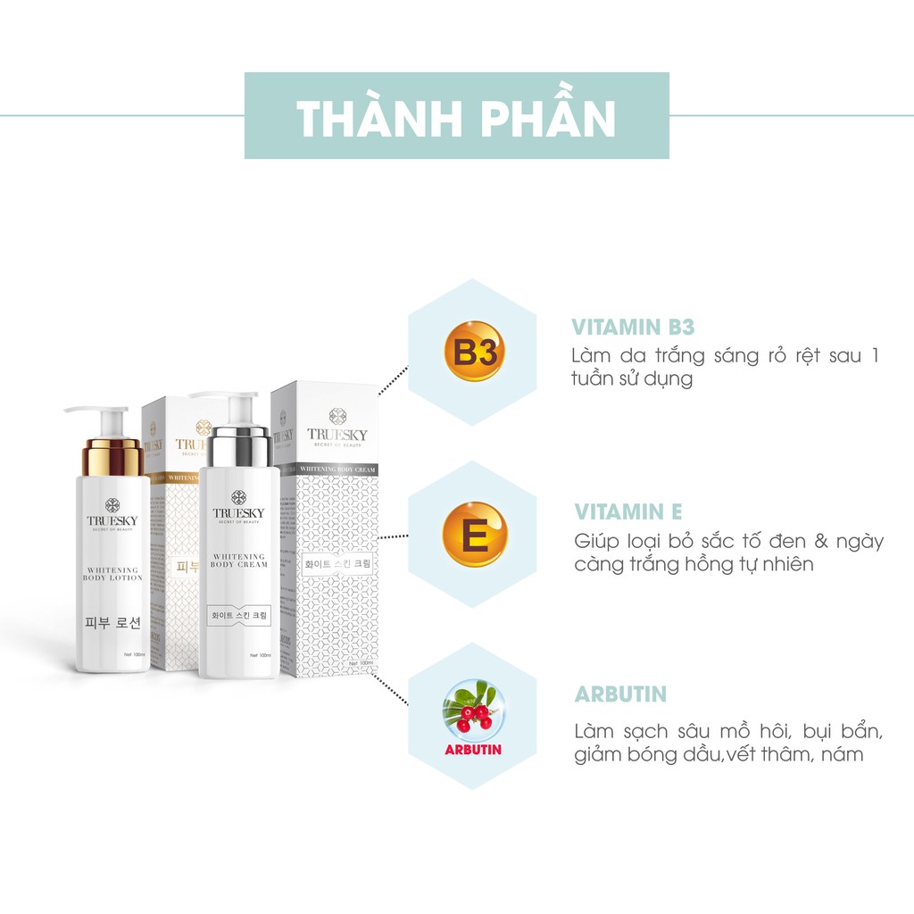 Bộ sản phẩm dưỡng trắng Truesky VIP21 gồm Kem dưỡng body + Kem ủ body + Sữa rửa mặt nha đam + Serum dưỡng trắng