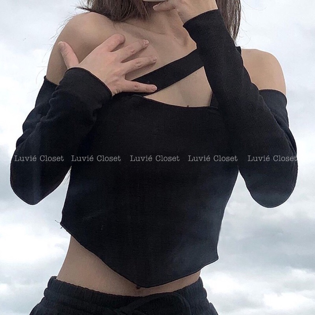 Áo Croptop Ôm Trễ Vai Dây Chéo Cổ Tà Vạt Nhọn Tay Dài Cá Tính, Áo Kiểu Hở Vai Bẹt Vai Rớt Vai Nữ