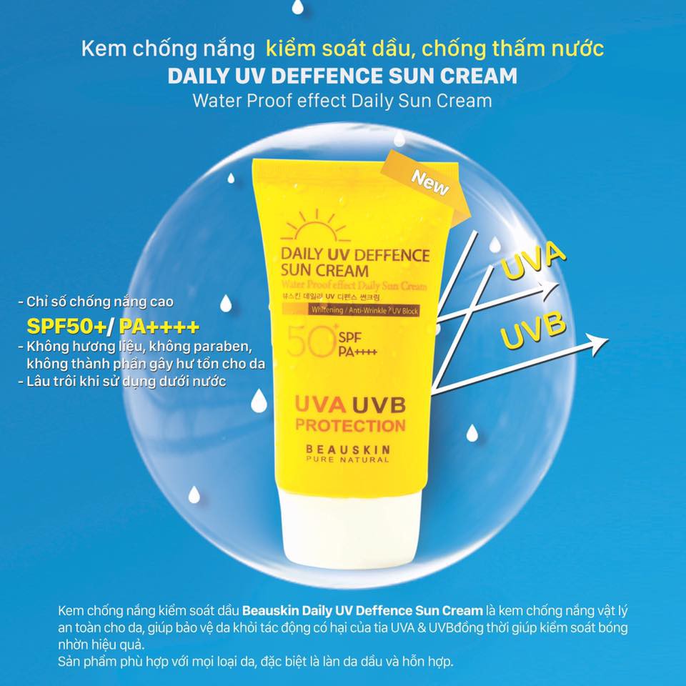 Kem chống nắng Kem chống nắn kiềm dầu kem chống nắng đi biển DAILY UV DEFFENCE SUN CREAM Beauskin 50ml- hàng  chính hãng