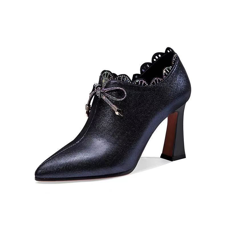 ∋2021 autumn and winter new leather deep-mouthed high-heeled shoes, women s fashion bowknot rhinestone all-match thick-heeled shoes