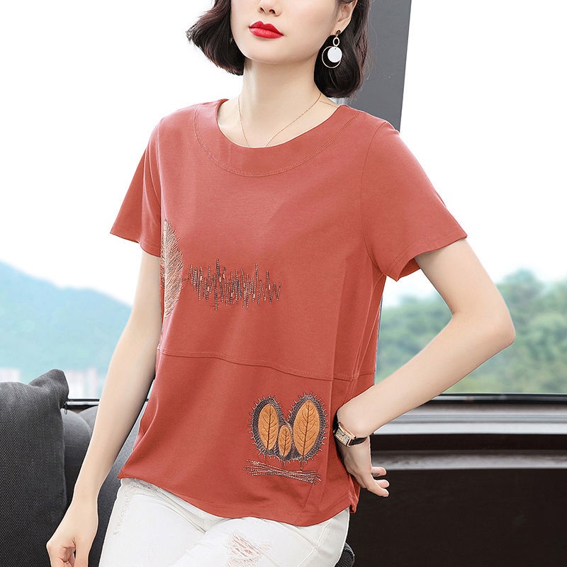 Áo thun tay ngắn cổ tròn dáng rộng thêu họa tiết thời trang cho phụ nữ trung niên