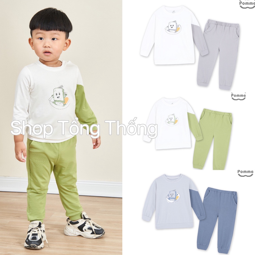 Bộ dài tay La Pomme Bamboo cao cấp mềm mịn thoáng mát thấm hút tốt in bánh mì ốp la tay phối cho bé trai bé gái 13036