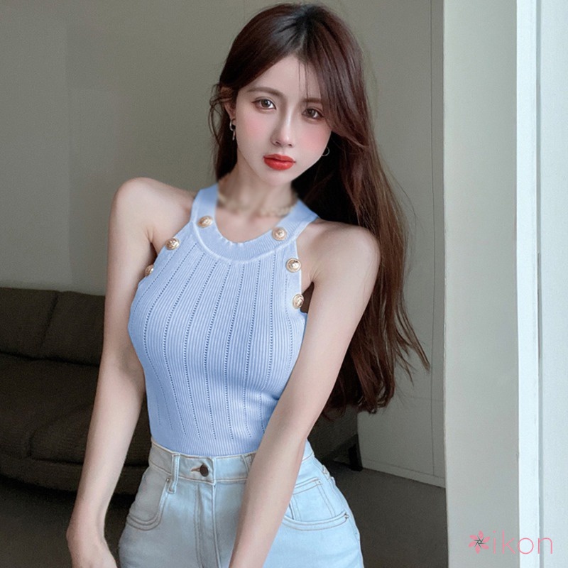 Áo Hai Dây Dệt Kim Màu Sắc Đơn Giản Phong Cách Retro Cho Nữ