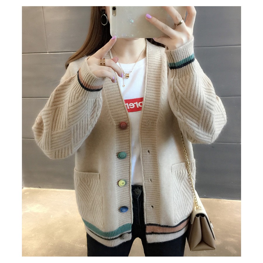 Áo khoác len nữ 2 túi phối màu trẻ trung A03 Hàng nhập Quảng Châu