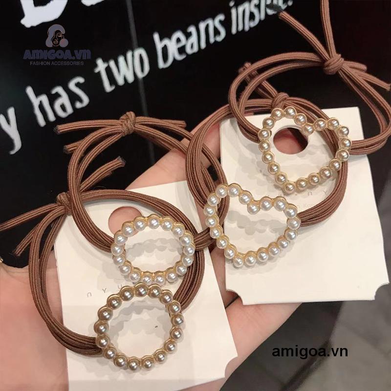 ✨✨Dây buộc tóc cao su đính ngọc trai hình trái tim phong cách Hàn Quốc