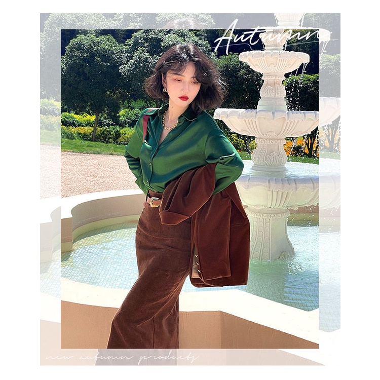 Chân váy nhung COZOK lưng cao xẻ tà phong cách vintage