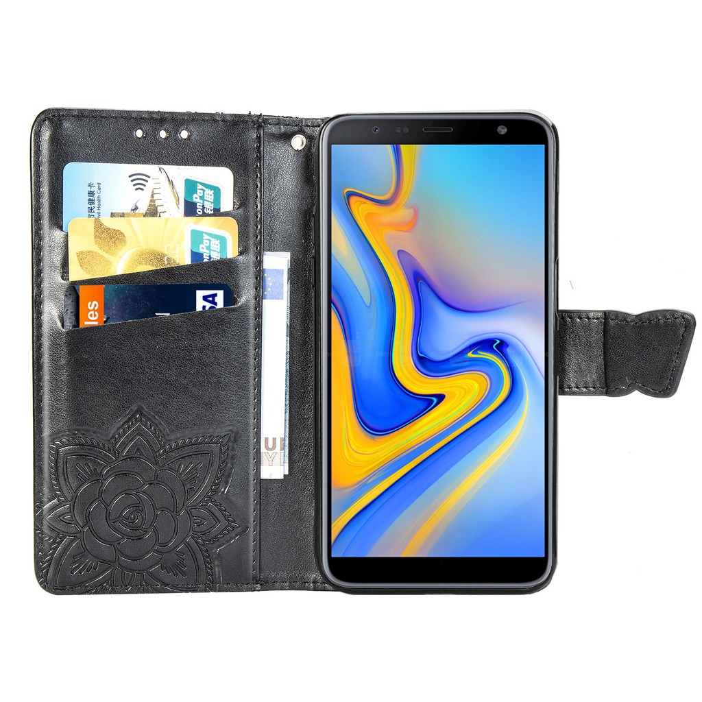 Bao Da Pu Điện Thoại Nắp Lật Kiêm Ví Đựng Thẻ Khắc Hình Bướm Cho Samsung Galaxy J6 Plus J6 + J610f Đứng