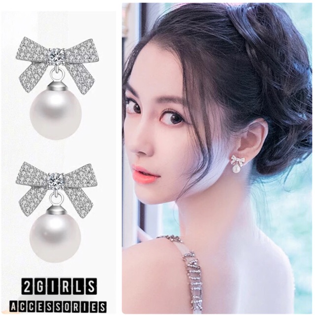Bông tai nơ đính đá hạt châu nhân tạo đi tiệc đi chơi đều xinh