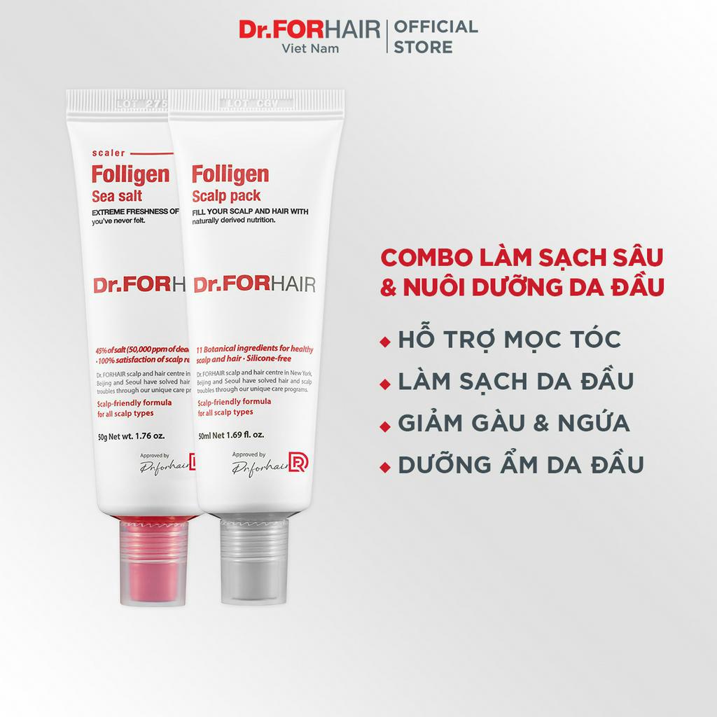 Bộ muối tẩy tế bào chết da đầu và dầu xả dưỡng tóc Dr.FORHAIR Folligen Scalp Pack 50ml và Sea Salt Scaler 50g