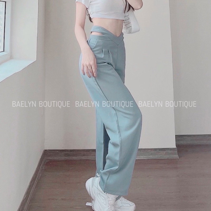 Quần suông ống rộng khuyết eo tôn dáng màu xanh và đen dành cho nữ - Hàng chuẩn QCCC | BigBuy360 - bigbuy360.vn