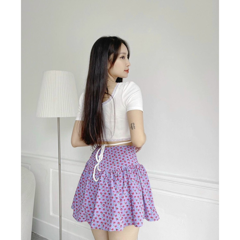 Áo kiểu croptop cổ V viền ren cột dây lưng cực xinh , chất thun gân mềm mịn ( ảnh thật )