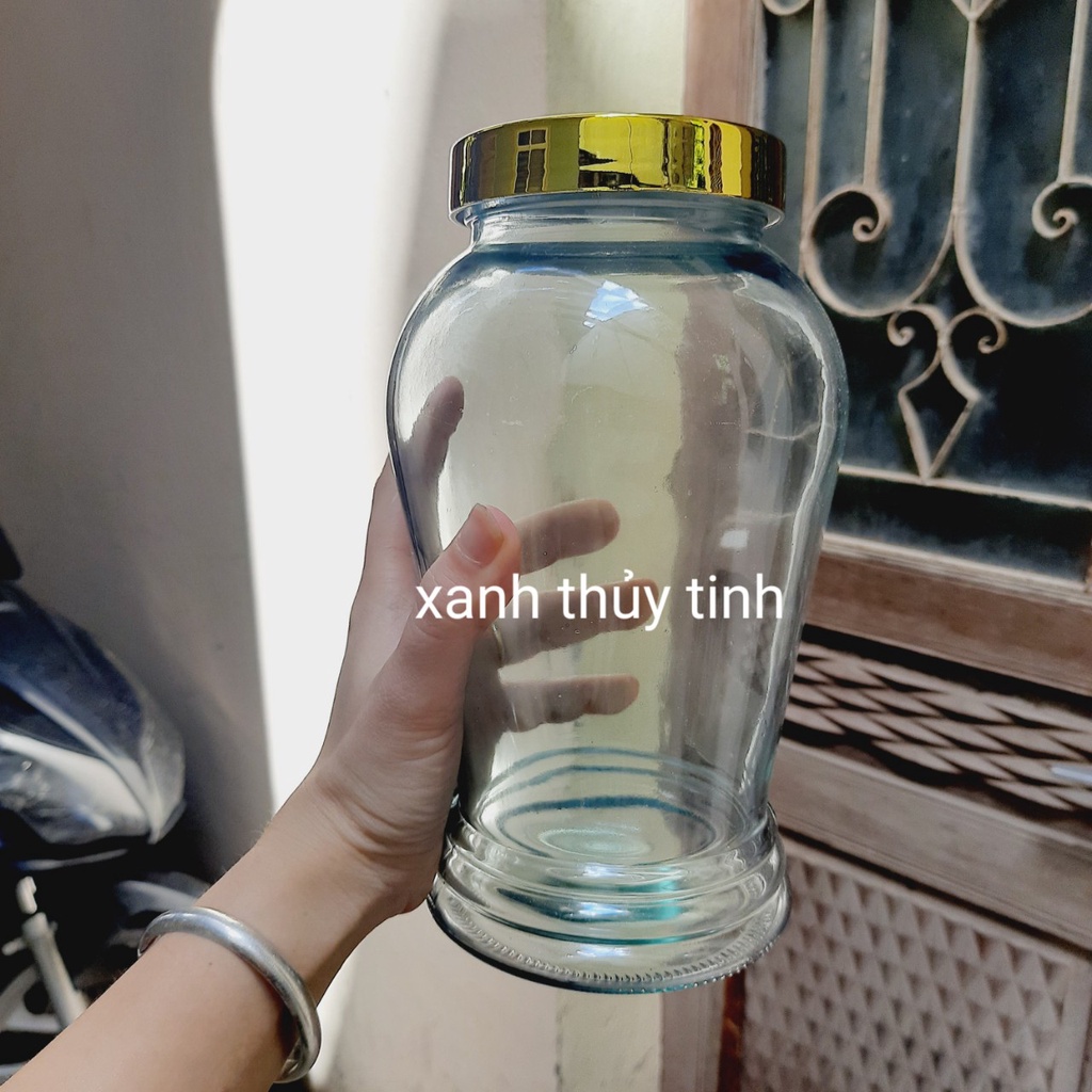 Bình thủy tinh nhỏ ngâm sâm, nấm dung tích 1,5l, bình sâm nắp vàng