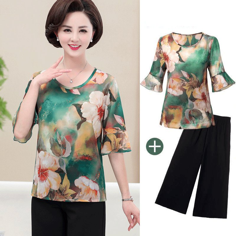 Áo Kiểu Chiffon Ngắn Tay Thời Trang Mùa Hè Cho Phụ Nữ Trung Niên 40-50 Tuổi