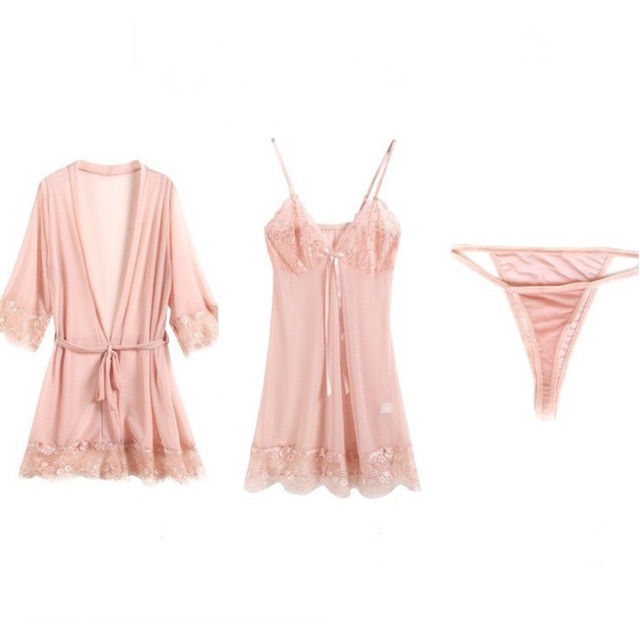 Váy ngủ ren hoa cúp ngực + áo choàng + quần chip sexy hàng nhập chất lượng