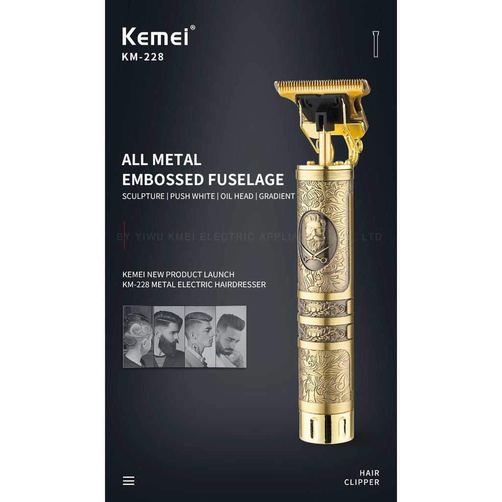 Tông đơ Kemei KM-228 T9 không dây khung lưỡi chữ T bền tiện dụng cắt sát 0mm cạo trọc dành cho nam