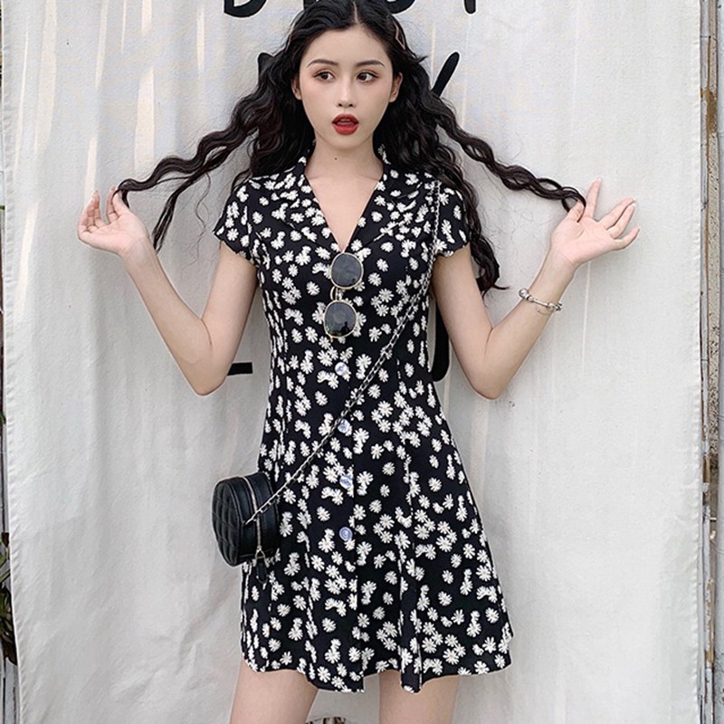 Đầm hoa dáng chữ A cổ V chiết eo kiểu Hàn Quốc xinh xắn cho nữ