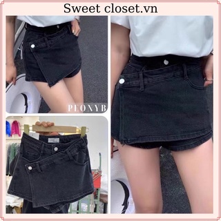 Quần short bò giả váy cạp lệch cá tính, quần váy cúc lệch xanh đen