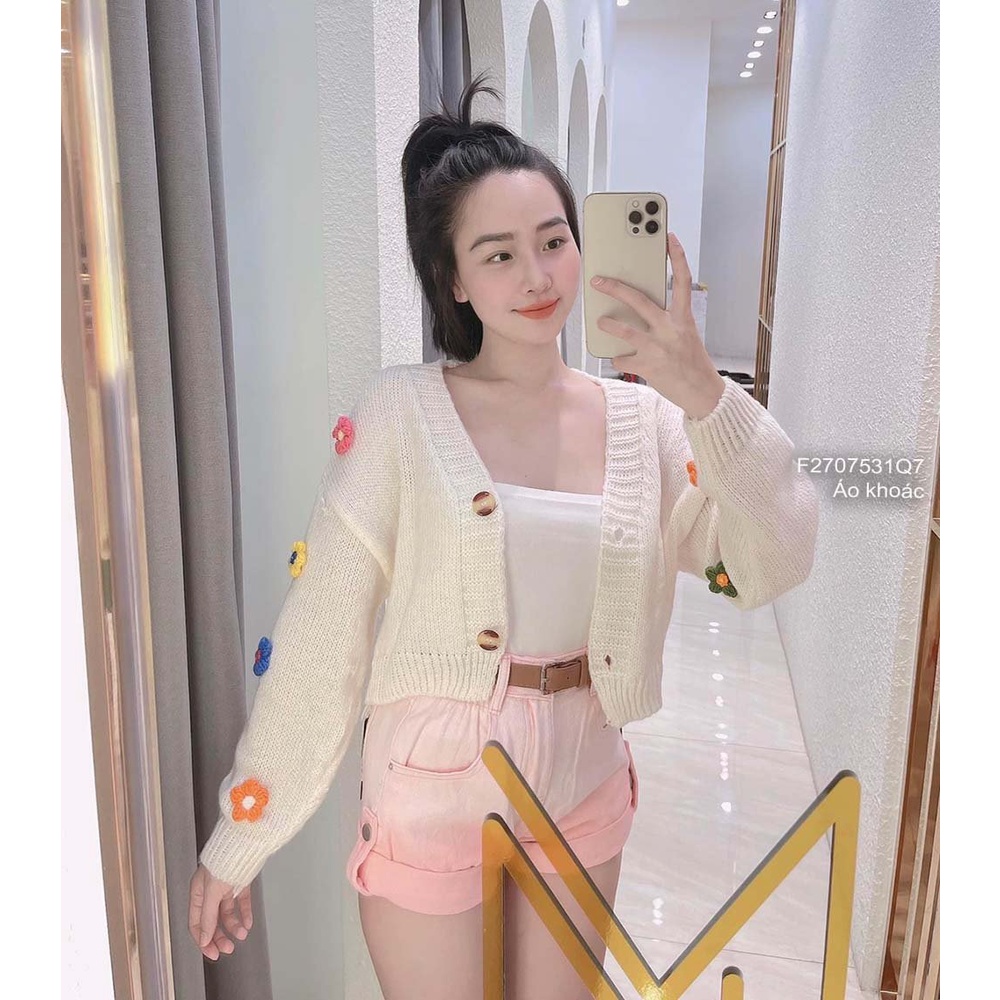 Áo khoác len croptop đính hoa tay dài hàng QC