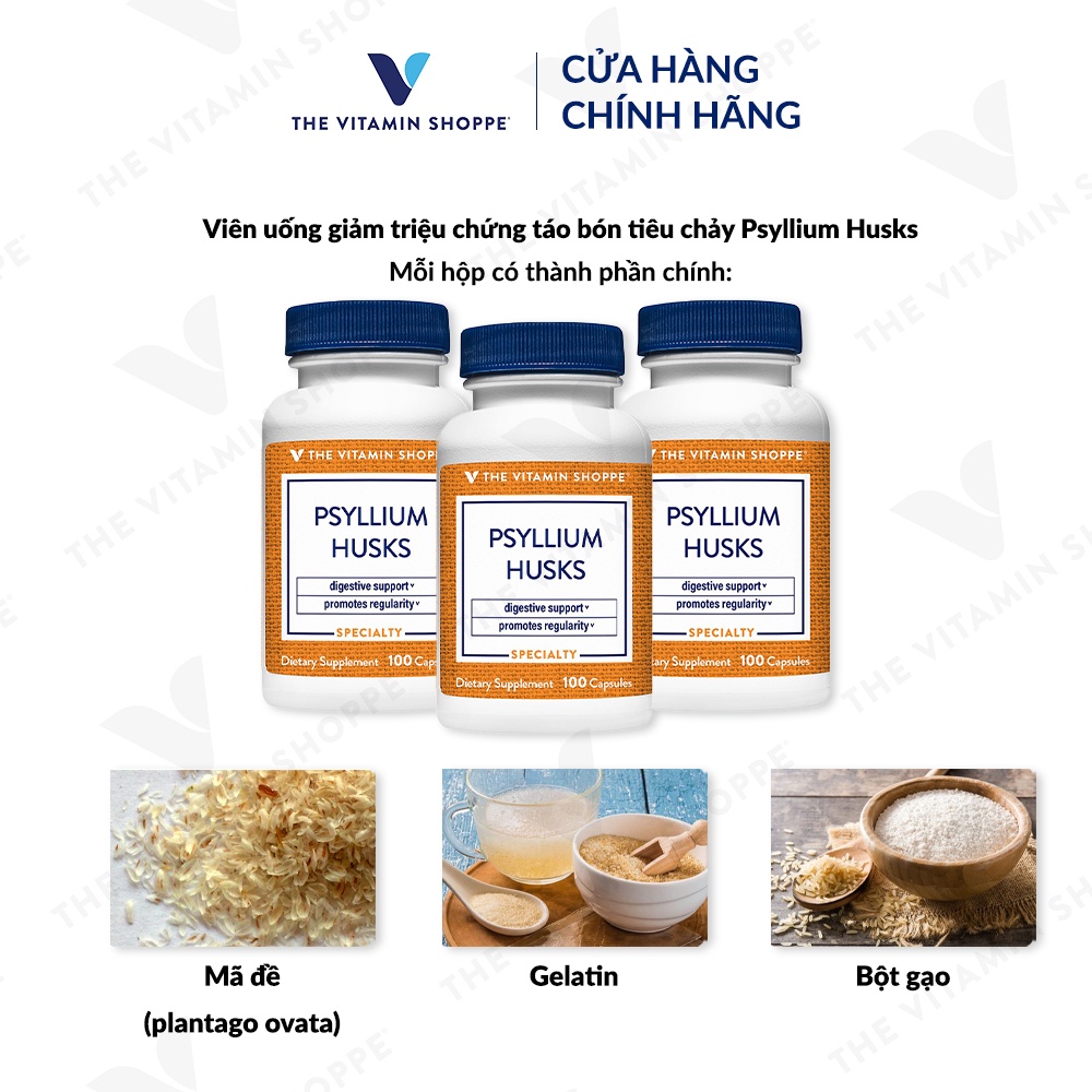 Viên uống giảm triệu chứng táo bón tiêu chảy THE VITAMIN SHOPPE Psyllium Husks 100 viên