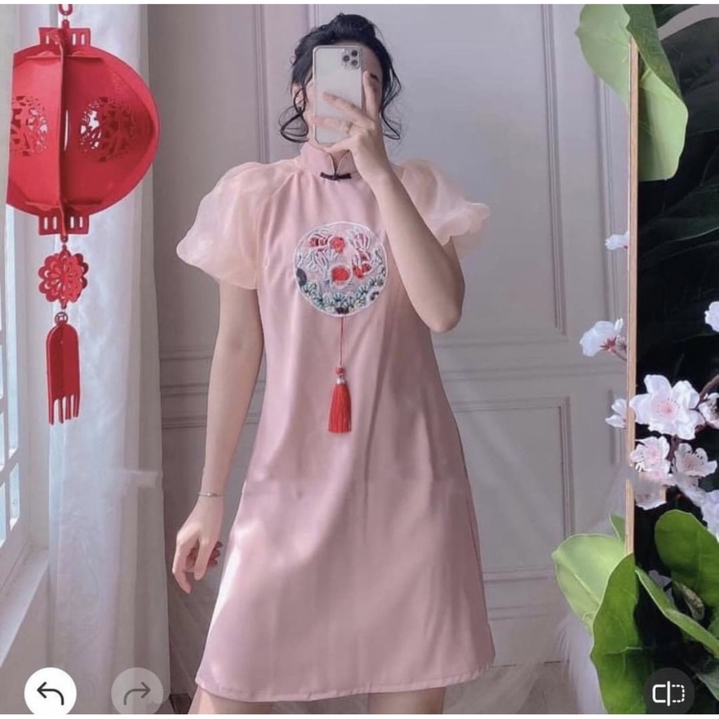 Đầm tết thêu họa tiết 3D cổ tàu phối tay lưới bồng bềnh xinh xắn thời trang tết [ TẾT 3D]