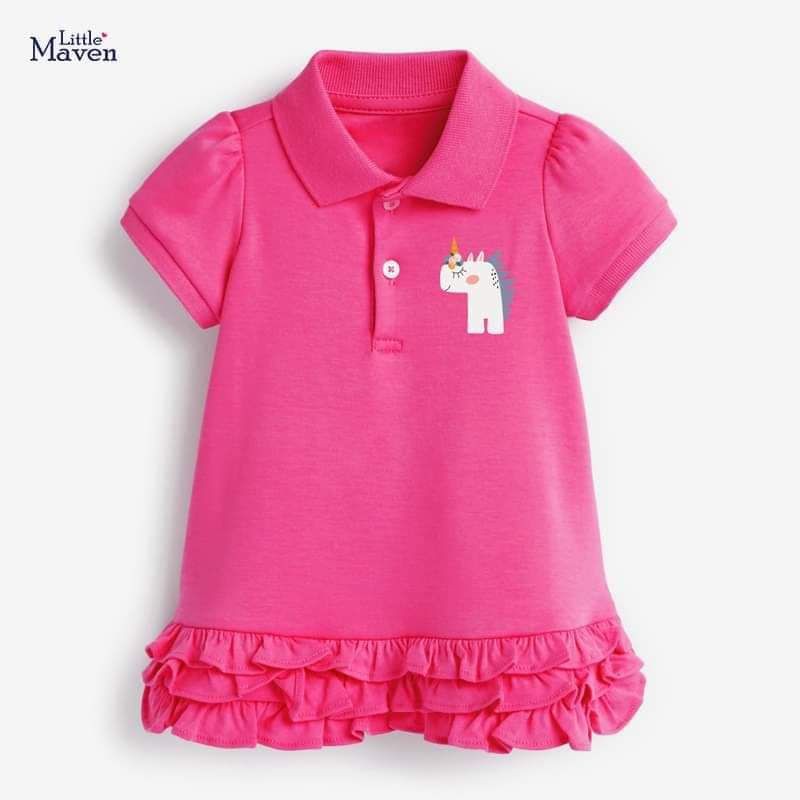 Đầm hồng Little Maven cổ polo xếp bèo hình ngựa Pony