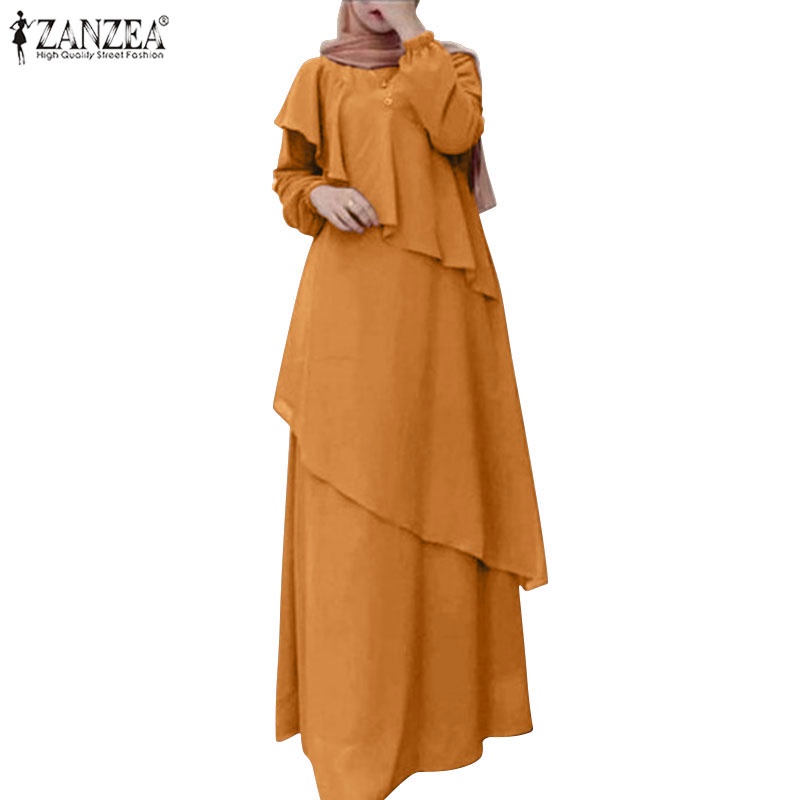 Đầm maxi ZANZEA tay dài phối bèo thiết kế thanh lịch cho phụ nữ Hồi Giáo