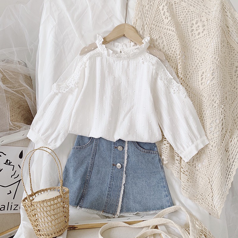 (10-28kg)Áo Sơ Mi Phối Ren Bé Gái, Phong Cách Hàn Quốc Hàng Quảng Châu Cao Cấp