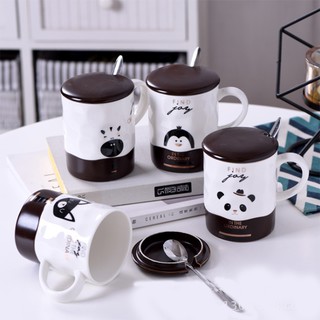 Cốc Sứ Trắng Đen Hình Động Vật Có Nắp Đậy Pha Cà Phê 400ml