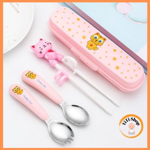 Đũa tập ăn cho bé, Bộ thìa dĩa inox tập ăn cho bé kèm hộp đựng Happy Cat TiTi Shop