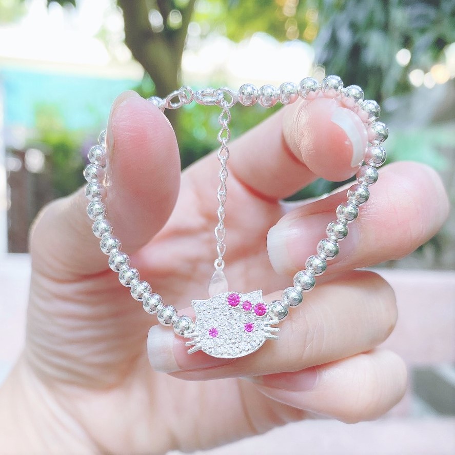 Lắc tay bi bạc hình mặt mèo cho bé gái, Vòng tay chất liệu bạc ta cao cấp