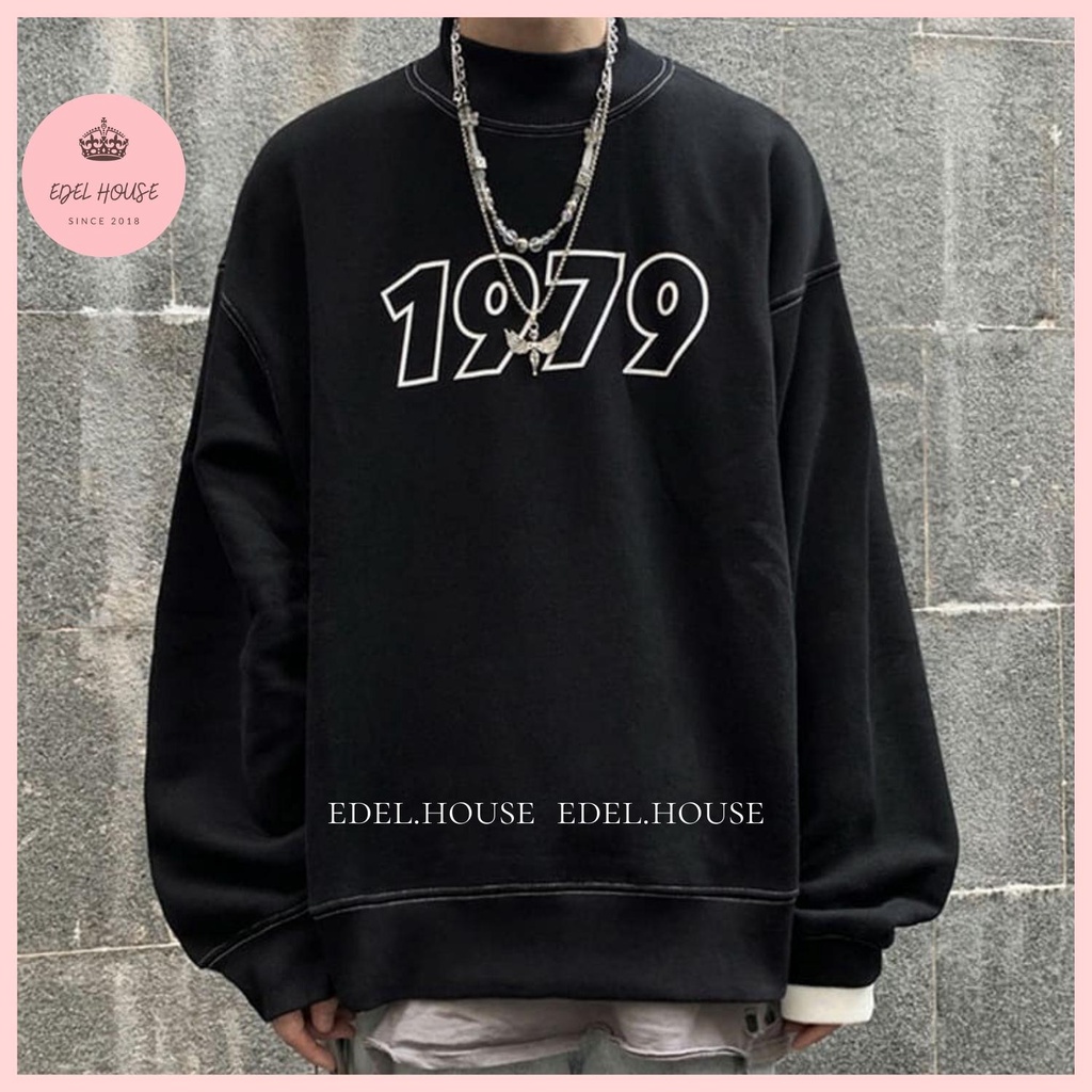 Áo khoác sweater nỉ nam nữ cổ lọ EDEL HOUSE 1979 1976 trắng đen basic form rộng unisex E487
