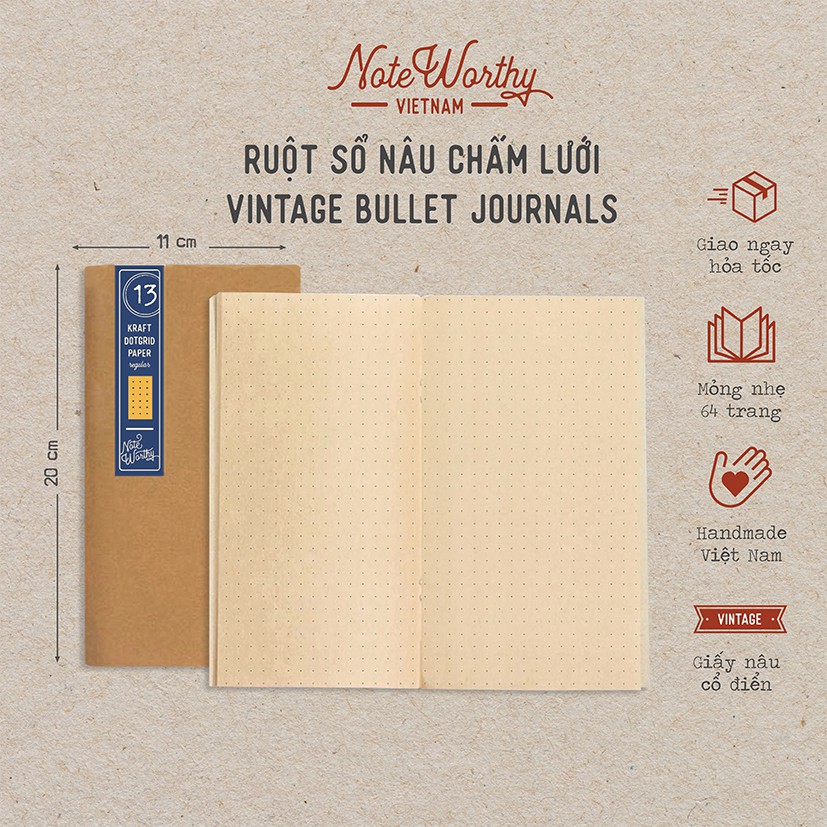 Sổ tay nâu chấm lưới 64 trang 11x20cm bìa mềm mỏng nhẹ bỏ túi vintage - Noteworthy kraft dotgrid journals