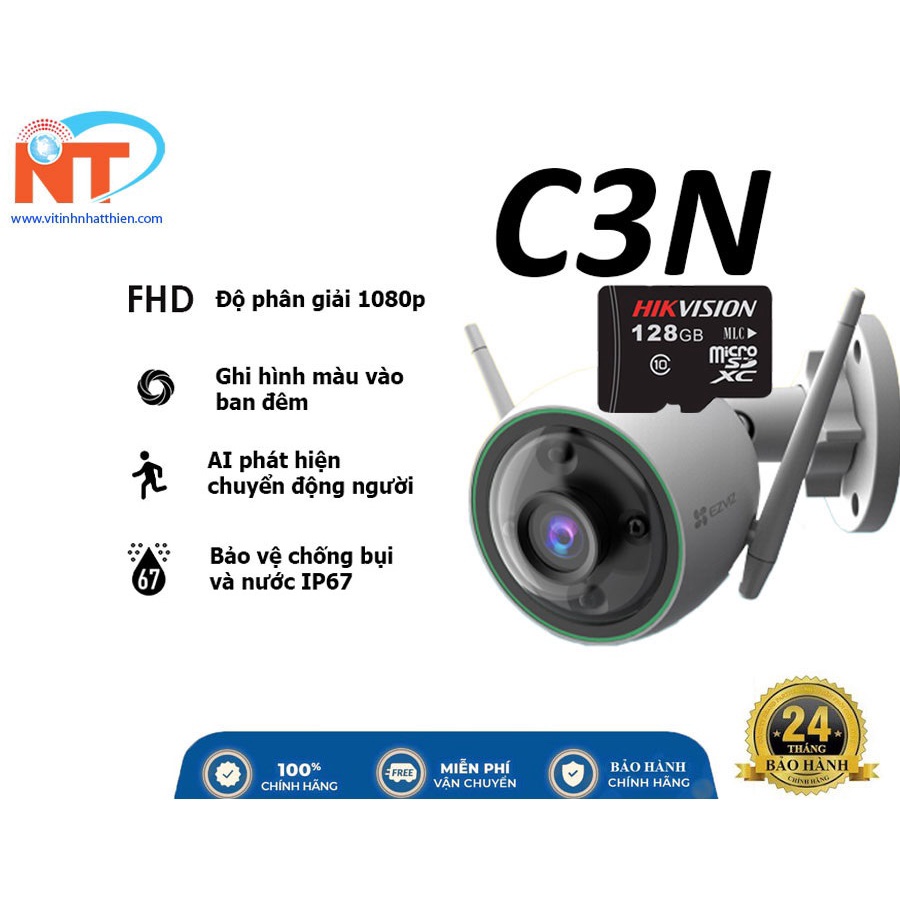 Camera IP Wifi ngoài trời EZVIZ C3N Phát hiện con người, ban đêm có màu, hổ trợ thẻ nhớ lên đến 256G