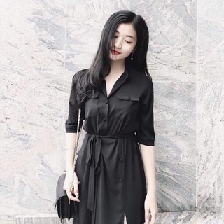 Đầm Dạo Phố Váy Đen DÀi Nút Bọc