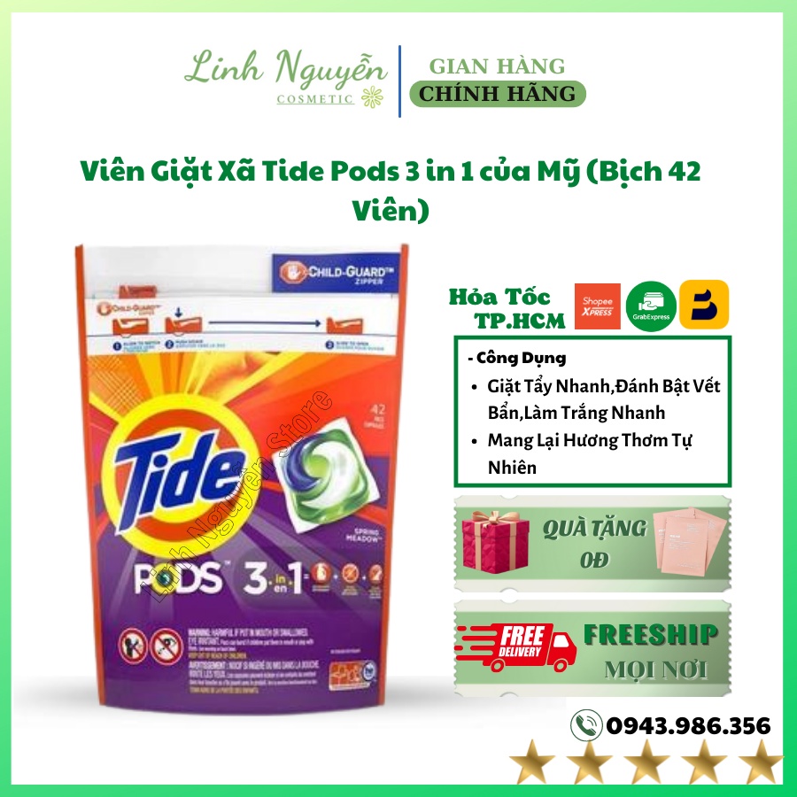 Viên Giặt Xã Tide Pods 3 in 1 của Mỹ (Bịch 42 Viên)