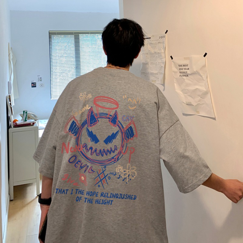 Áo Thun Tay Ngắn Dáng Rộng In Hình Quỷ Nhỏ Sau Lưng 3 Màu Thời Trang Mùa Hè Cho Nam