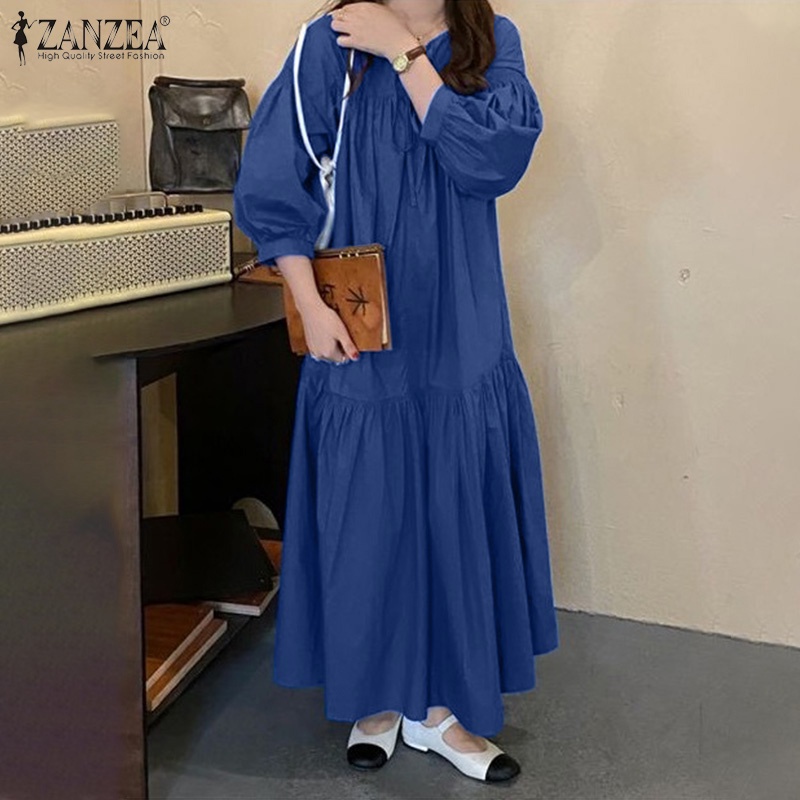 Đầm maxi ZANZEA dáng rộng cổ tròn tay lửng màu trơn thời trang dạo phố Hàn Quốc