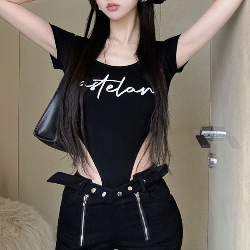 Áo Liền Quần Ngắn Tay In Chữ Cá Tính Cho Nữ